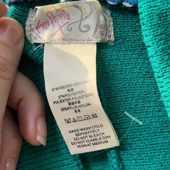 Free People One Size Poncho Striped Hooded Open Knit Kimono Pockets Green White - Picture 16 of 16